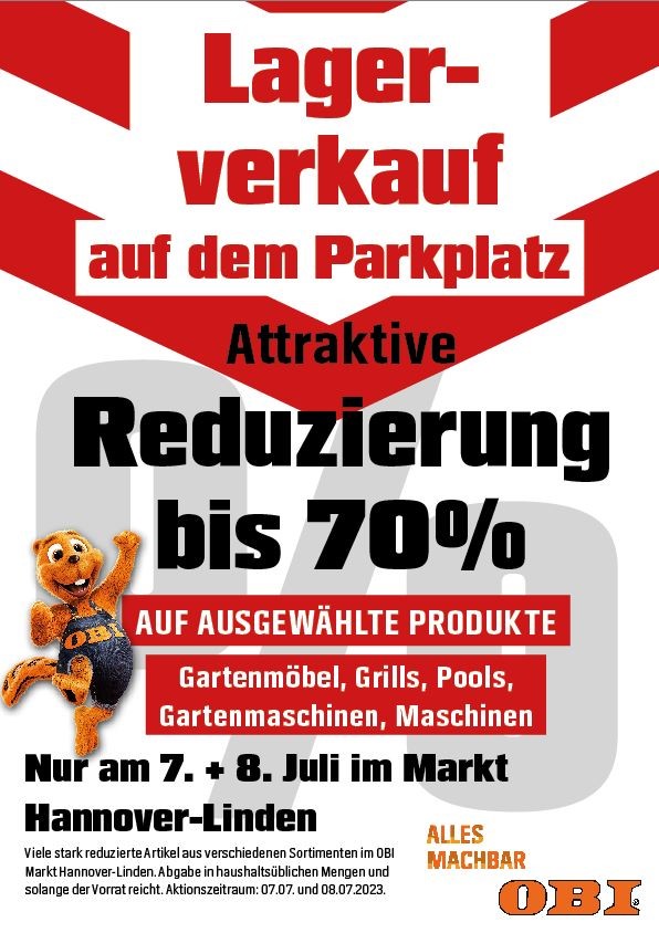 Lagerverkauf Parkplatz OBI Hannover-Linden am 07.07.23 und 08.07.23 um 08 -20 Uhr