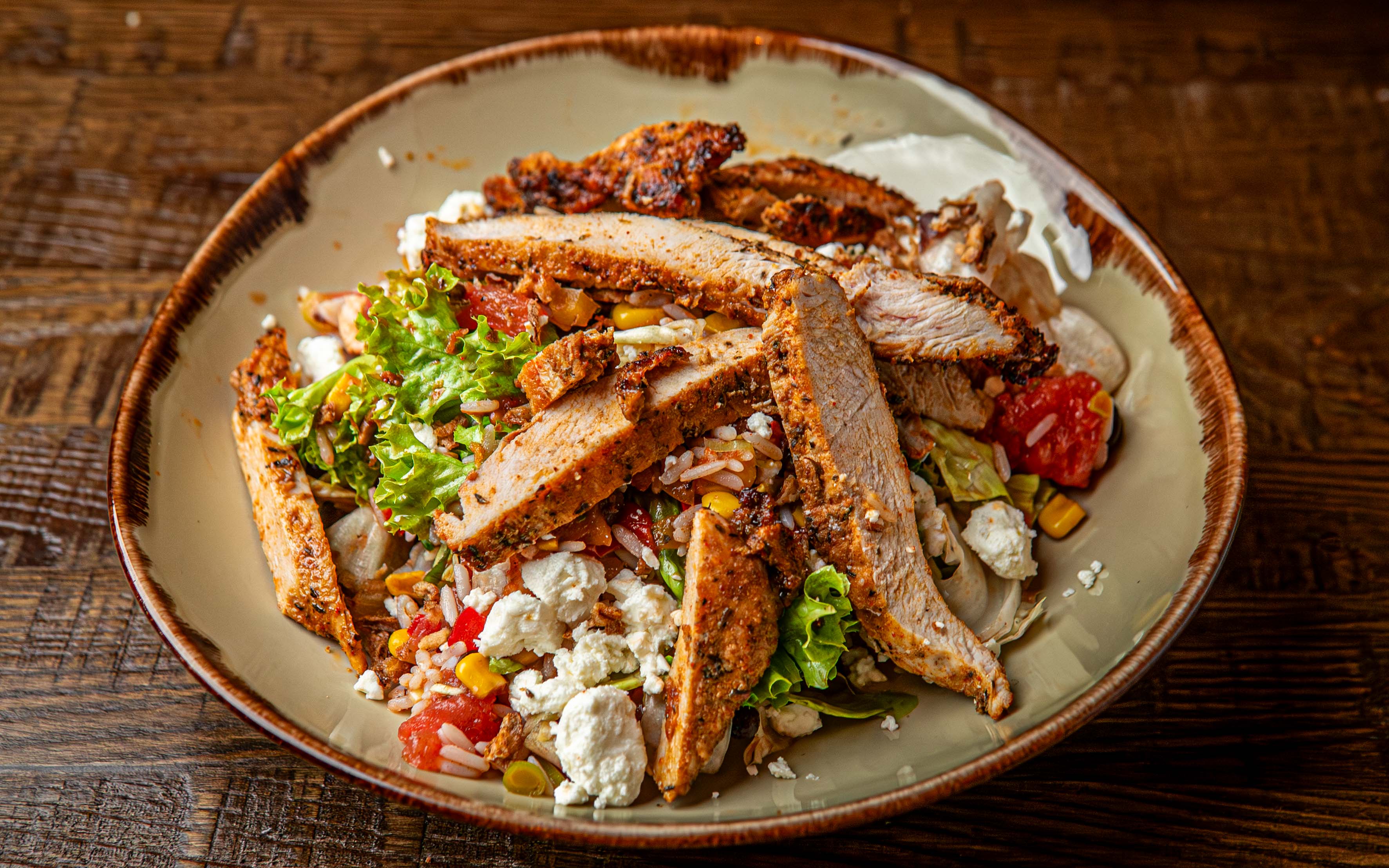 South Coast Watermelon Salad with cajun spiced grilled chicken.