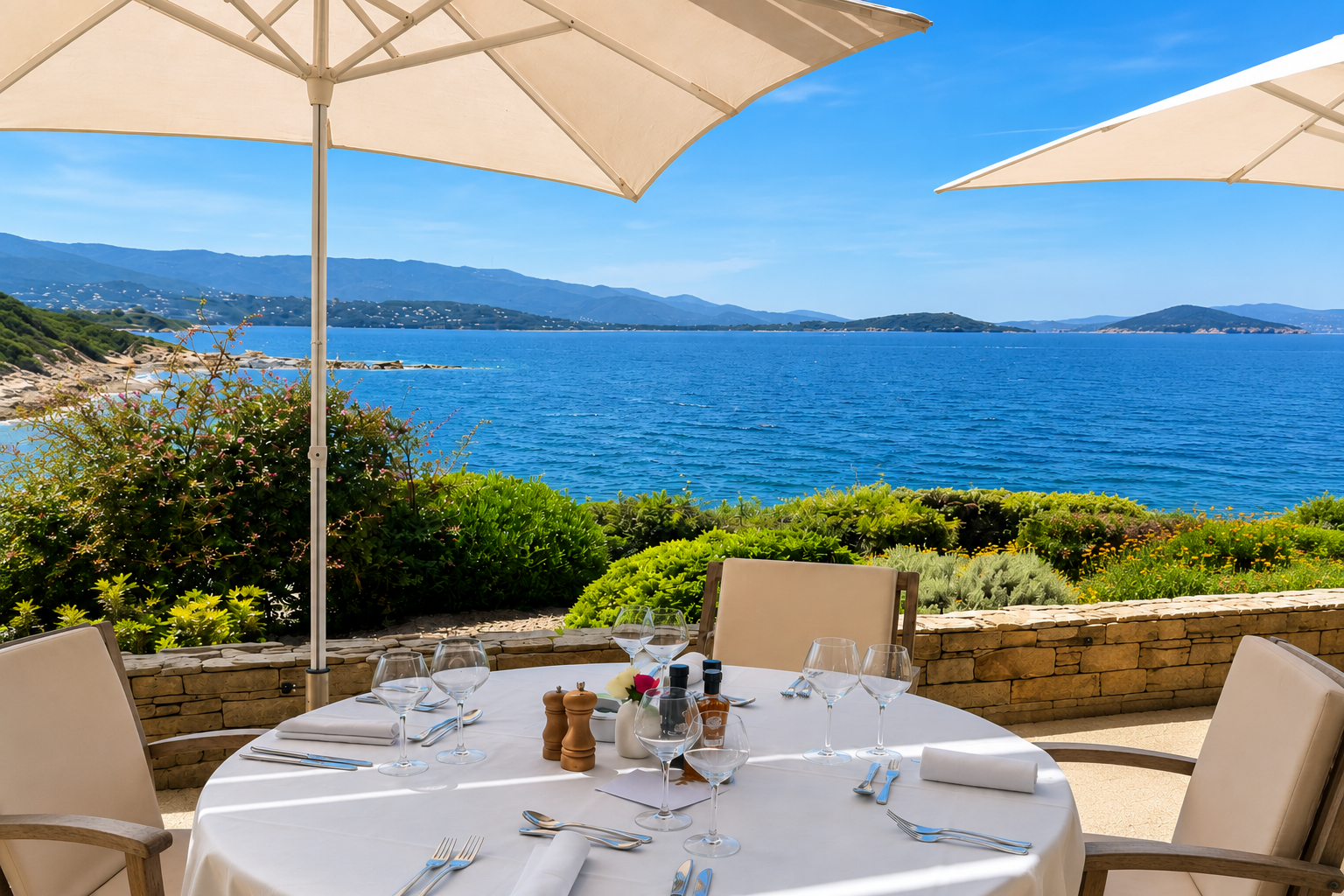 Une terrasse panoramique où chaque repas s'accompagne d'une vue exceptionnelle sur le golfe d'Ajaccio. Une terrasse panoramique où chaque repas s'accompagne d'une vue exceptionnelle sur le golfe d'Ajaccio.