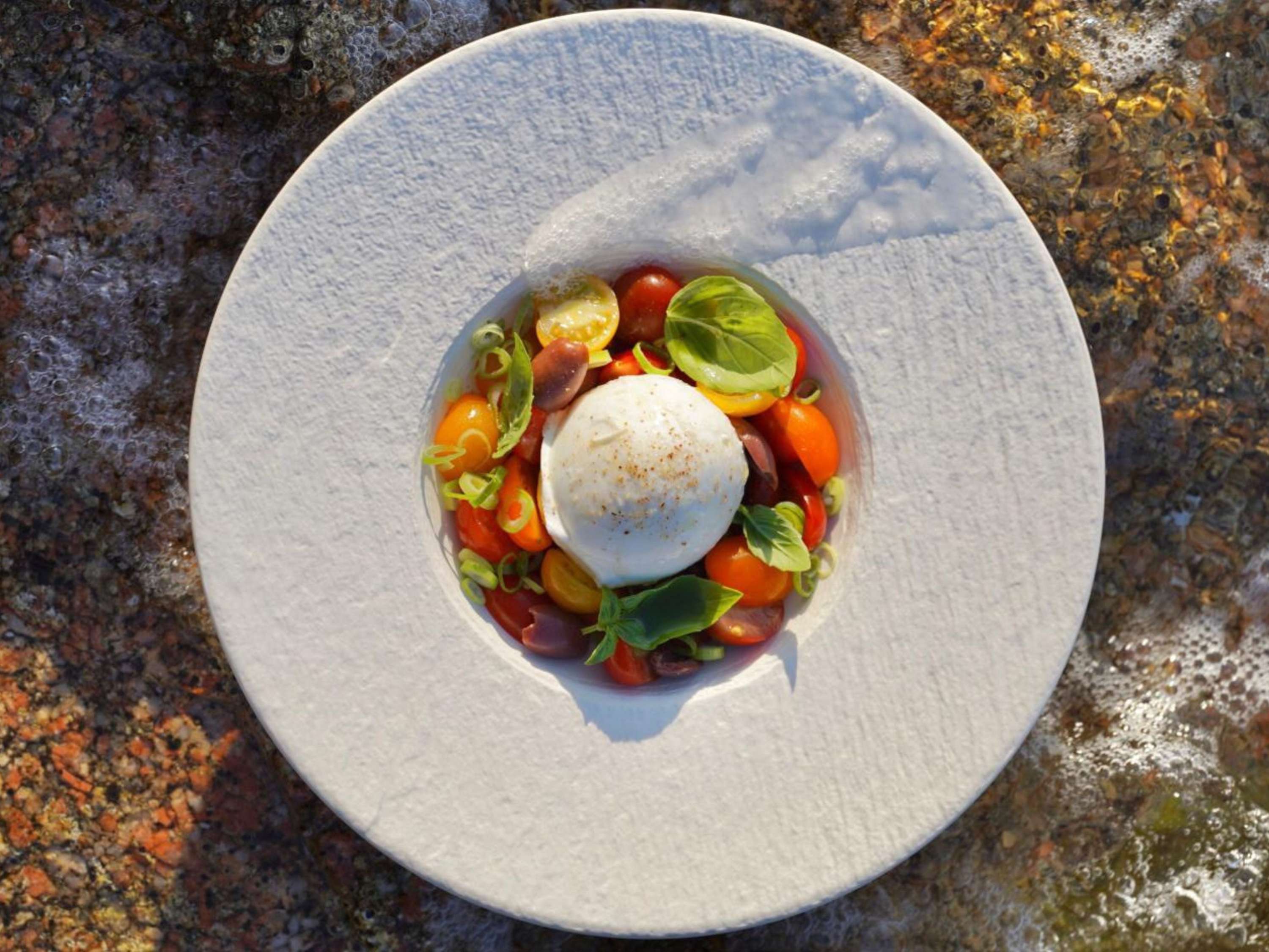 Tomates cerises colorées et burrata crémeuse composent cette entrée fraîche et ensoleillée imaginée par le Chef Nicolas Sintes à La Table de la Pointe.