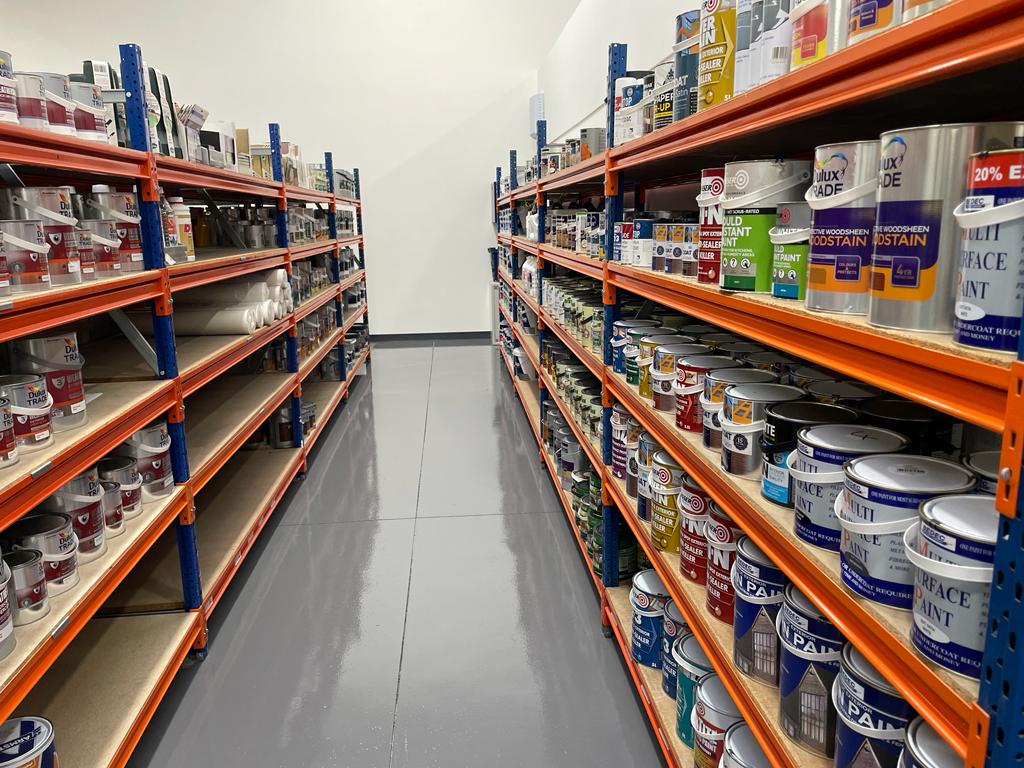 Inside the store - range of paint in stock